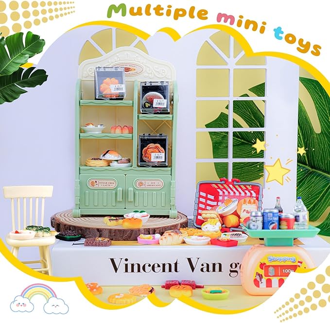 199PCS Mini Shopping Basket Cash Register Cake Donuts Storage Box Shelves Miniature Food Drink Toy Supermarket Metal Handcart Dollhouse Store Grocery Dessert Shop Accessories Trolley Party Model