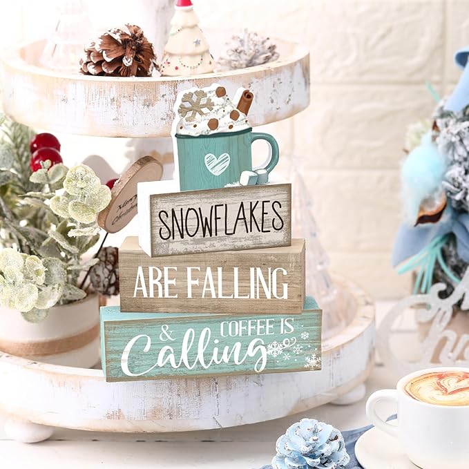 Moucuny 4 Pcs Winter Table Decor Wooden Milk Cocoa Decoration Winter Tiered Tray Centerpiece Decorative Blue Hot Cocoa Block Signs Gift Farmhouse Decoration for Home Kitchen