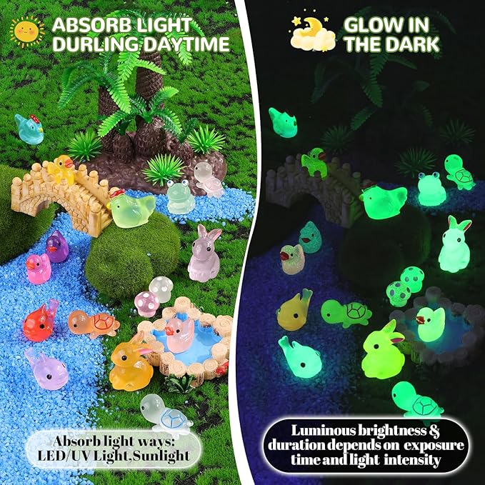 110PCS Mini Resin Animals Tiny Cute Glow Figures in Dark, Miniature Figurine to Hide, Little Animal Small Accessories for Topper Desk Garden Dollhouse Landscape Aquarium Ornaments Crafts & Decor