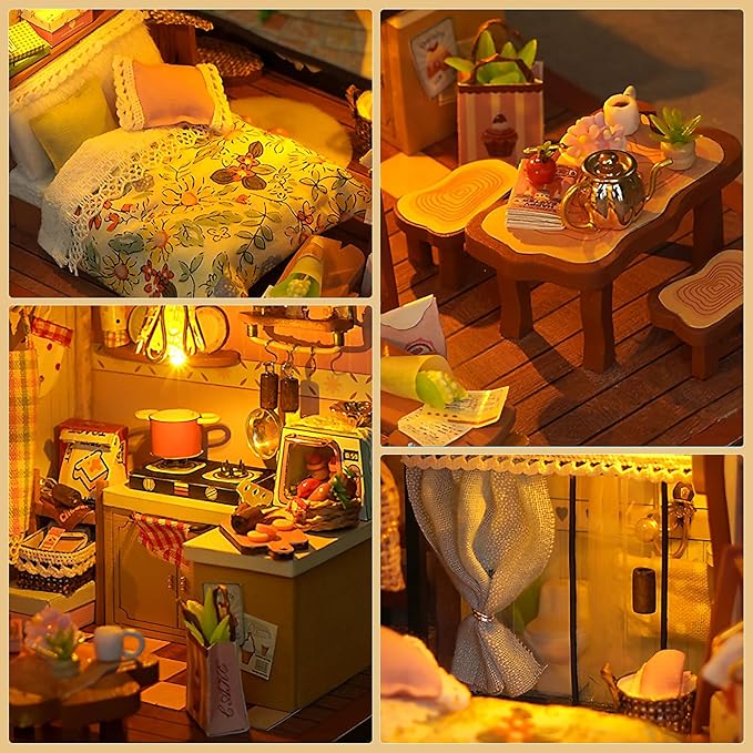Miniature House Kit, DIY Dollhouse Kits with Lights and Dust Cover, The for Family & Friends, Creative Craft Kit with Two-Story Bakery & Forest Basement