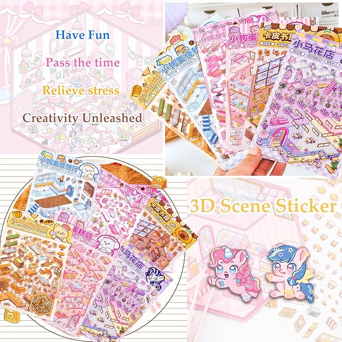DIY 3D Sticker Scene, Stocking Stuffer, 6 Sets of Stickers for Girls Make Your Own Mini Room Scene Stickers for Kids Cute Kawaii Sticker Therapy for Adult Relief Stress, Holiday & Christmas Fun