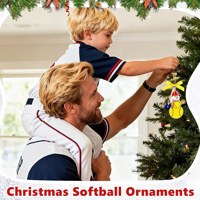 4.3 Inches Snowman Softball Christmas Ornament, Wooden Softball Snowman Tree Ornament Hanging Decoration for Rearview Mirror, Window, Eaves, Fireplace and Home Holiday Party Decor