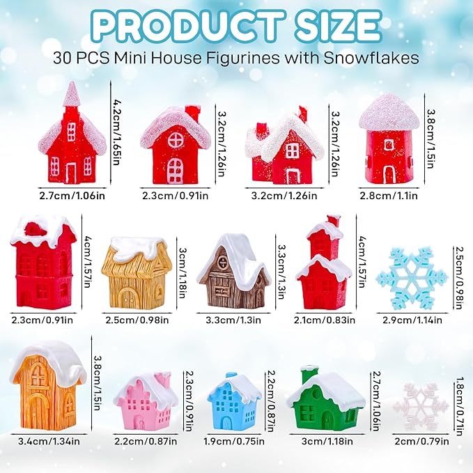 30 Pcs Christmas Mini Village House Figurines with Snowflakes Tiny Little Winter House Miniature Figures for Holiday Crafts Garden Micro Landscape Home Table Decor