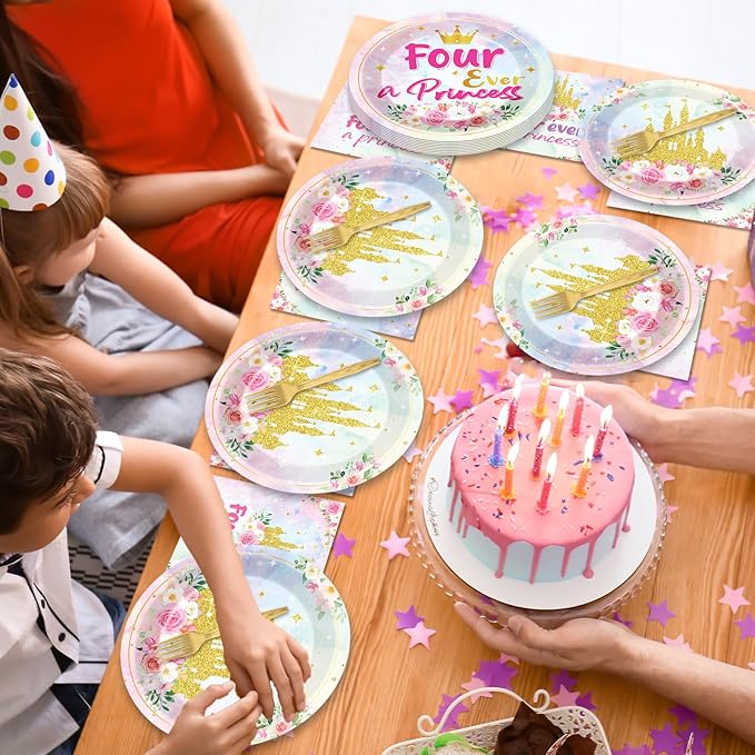 96Pcs Princess Birthday Party Supplies Four Ever a Princess Plate and Napkin Watercolor Pastel Rainbow Castle 4th Birthday Paper Dinner Plate Fairytale Party Tableware Dinnerware Set for Girl Serve 24