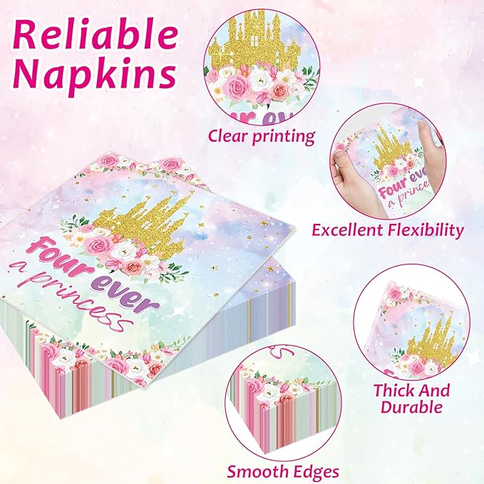 96Pcs Princess Birthday Party Supplies Four Ever a Princess Plate and Napkin Watercolor Pastel Rainbow Castle 4th Birthday Paper Dinner Plate Fairytale Party Tableware Dinnerware Set for Girl Serve 24