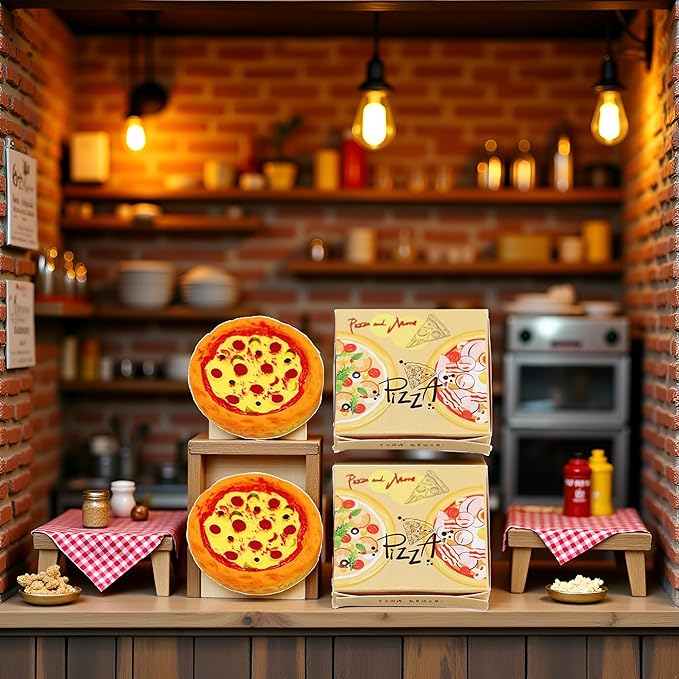 2 Set Miniature Pizza Box, 1:6 & 1:12 Scale Realistic Dollhouse Food Model Set, Yellow Resin Doll House Furniture Supplies for Pretend Play Kitchen
