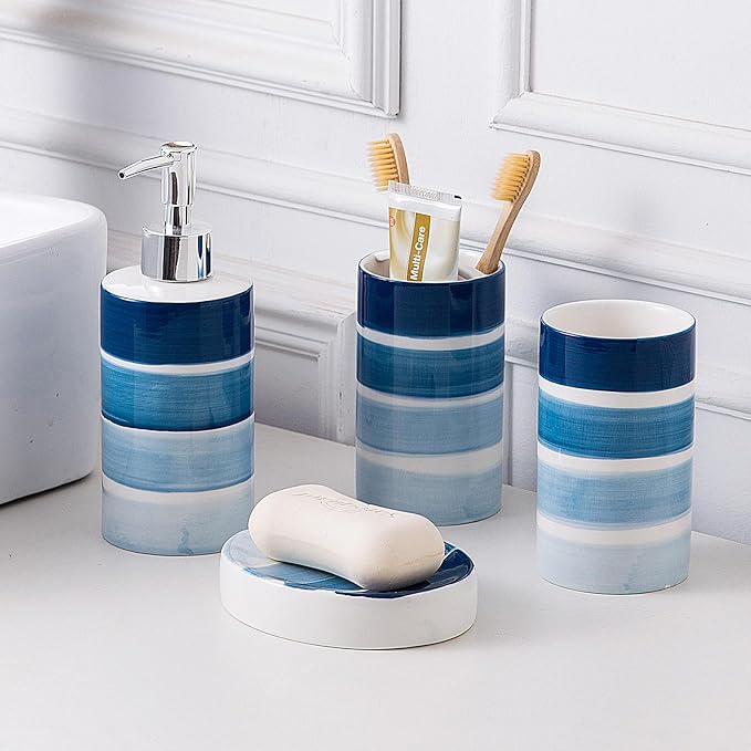Bathroom Accessories Set, 4-Piece Blue Ceramic Bathroom Decorations Accessories Set, Contain Toothbrush Cup, Soap Dispenser, Soap Dish, Tumbler