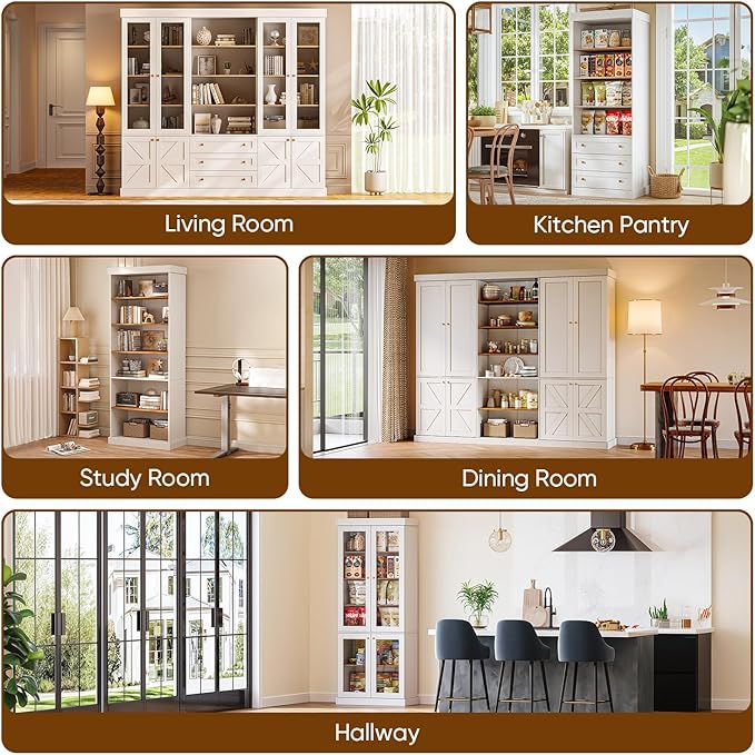 70.8" Bookshelf with Glass Doors, Farmhouse Modular Bookcase with 6-Tier Adjustable Shelves, Large Storage Cabinet for Living Room & Home Office, Set of 4, White