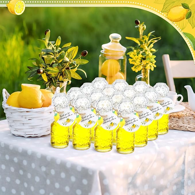 Chuangdi 16 Sets Mini Limoncello Glass Bottles Limoncello Bottles with Labels 1.7 oz Lemon Pendants Lemon Party Favors for Homemade Brewing Wedding Baby Shower Gifts(Delicate)