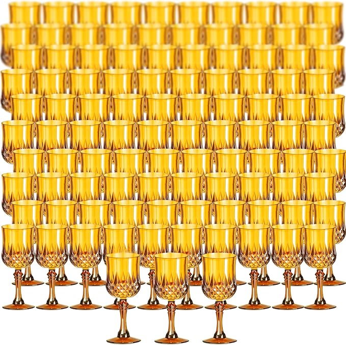 XKXKKE 100 Pcs Amber Plastic Wine Glasses, Plastic Water Goblets for Parties, Stemmed Drinking Glasses for Wedding Reception, Grand Event Party Bar Supplies Reusable Drinking Cups