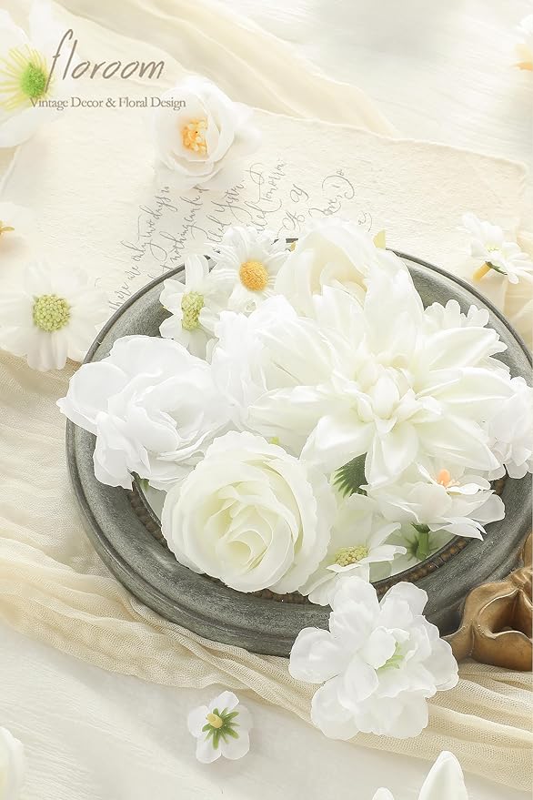 Floroom Mini Artificial Flower Heads Ivory & White Fake Peony Daisy Rose Multicolor Small Faux Silk Flower Heads for Cake Craft Garland Wedding Party Graduation Cap DIY Home Decoration, 0.8"-3.6"