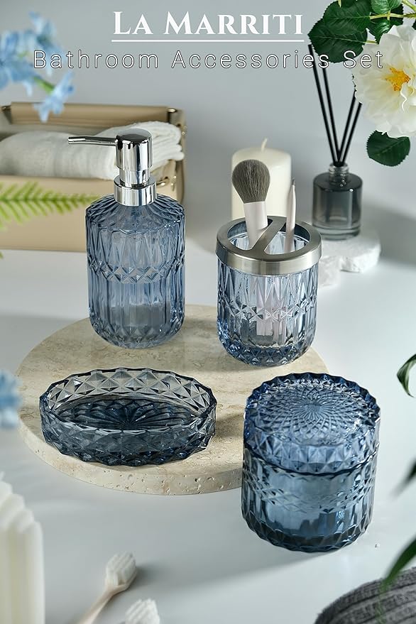 LaMarriti Blue Bathroom Accessories Set, 4Pcs Clear Glass Bathroom Accessories, Lotion Soap Dispenser Set, Toothbrush Holder, Qtips Holder, Soap Dish for Crystal Modern Bath Decor, Set