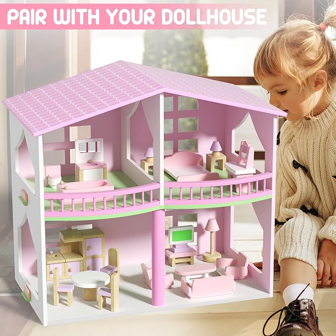 Wooden Dollhouse Furniture Set, 22 PCS Doll House Accessories Including 5 Room Kits, Little People House Furniture Toy Gift for Girls Boys Age 3+, Miniature Dollhouse Furnishing