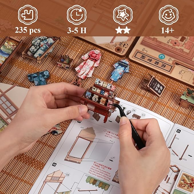 CUTEBEE Book Nook Kit - Japanese Sakura Kimono Shop DIY Dollhouse 3D Wooden Puzzle Booknook for Adults and Teens, Miniature House Bookshelf Decor, Ideal Gift for Family and Friends