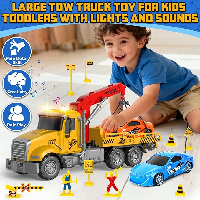 Large Tow Truck Toy, Kids Toys for 3 4 5 6 7 8 Years Old Boys Toddlers Birthday Easter Gifts, Friction Powered Transport Crane Toy with Lights and Sounds, 2Pcs Racing Car, Traffic Signs