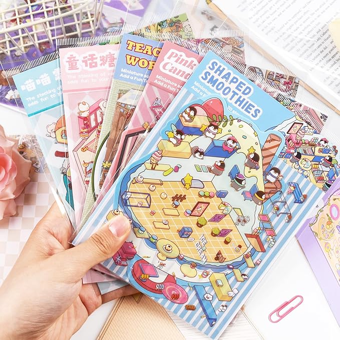 24 Sets 3D Scene Sticker Therapy Fun Cartoon Make Your Own Room Shop Scenes DIY House Stickers for Kids Cartoon Animal Relief Stress Own