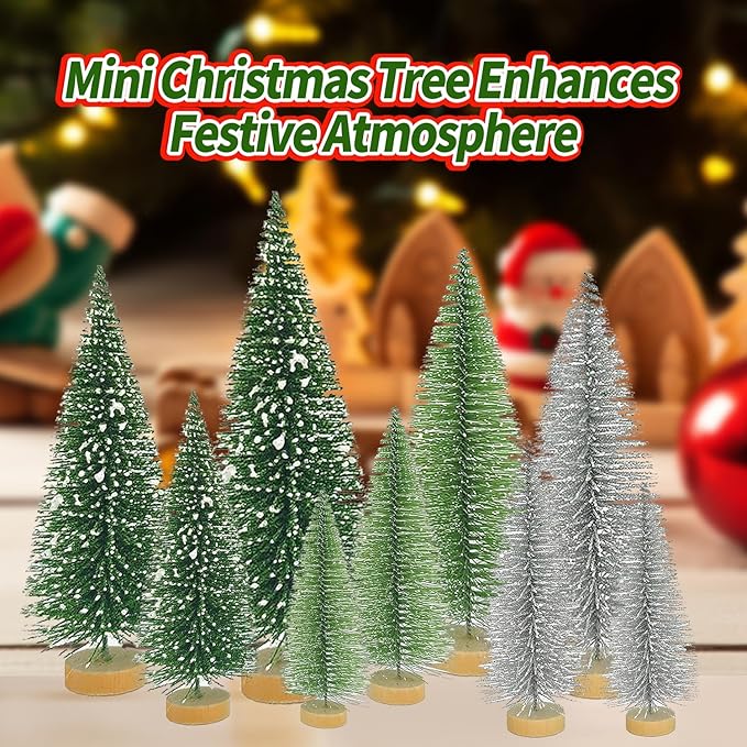 Yahpetes Christmas Tree 15 Pcs Sisal Trees Artificial Xmas Trees 3 Colors Bottle Brush Trees Miniature Pine Trees with Wooden Base for Christmas Holiday Decorations (Silver,Green,Dark Green 15Pcs)