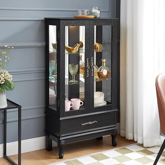 51" H Lighted Glass Curio Display Cabinet with 2 Doors & 1 Drawer, Wooden Glass Curio Showcase w/Adjustable Shelves & Mirrored Back Panel, Storage Cabinet Display Case for Living Room (Black)