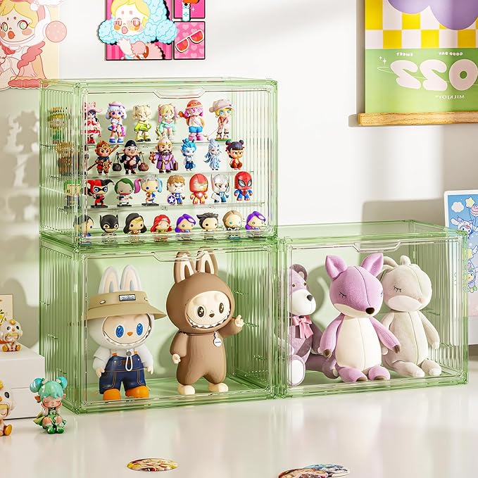 Clear Green Acrylic Figure Display Case for Collectibles 4 Layer Hobby Figurine Display Shelf Cases Stackable Display Boxes with Shelves for Pop Mart Labubu Action Figures, Car Model, 1 Pack