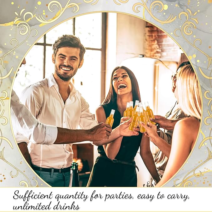 Bokon 100 Pcs Mini Wedding Liquor Bottles Take a Shot We Tied The Knot Shot Glasses for Guests 1.7 Fl Oz/ 50 ml Plastic Reusable Empty Bottle with Cap Funnel Acrylic Mini Glasses for Bridal (Gold)