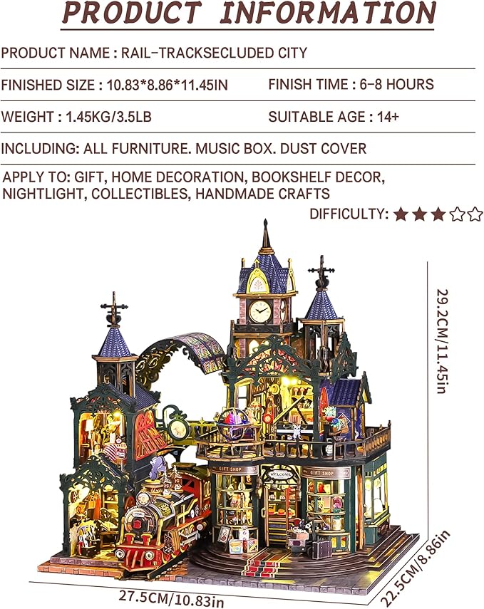 DIY Tiny House, Miniature House Kit Steampunk-Style Rail-Track City Wooden with LED Lights & Music Box & Display Case, Dollhouse Kit for Creative Home Decoration & Adult and Teens Gift