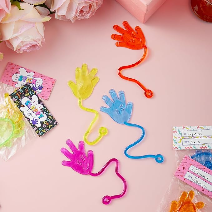 JOYIN 28 Packs Valentines Day Sticky Hands with Card Headers for Kids Party Favor, Classroom Exchange Prizes, Valentine’s Day Greeting Cards, Party Favors and Exchange Gifts