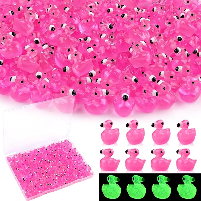 200PCS Mini Resin Animals Cute Rose Pink Tiny Flamingo Ducks Glow in Dark, Miniature Figures to Hide, Small Animal Accessories Bulk for Topper Garden Dollhouse Ornaments DIY Crafts & Decor