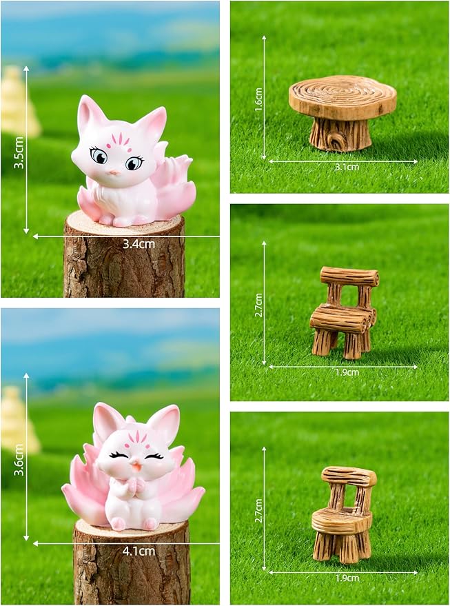 7 Pcs Miniature Fox Figurines with Realistic Tree Round Table and Chairs - Forest Theme Resin Fairy Garden Furniture Set for Dollhouse Accessories, Micro Landscapes, DIY Crafts & Home Decorations