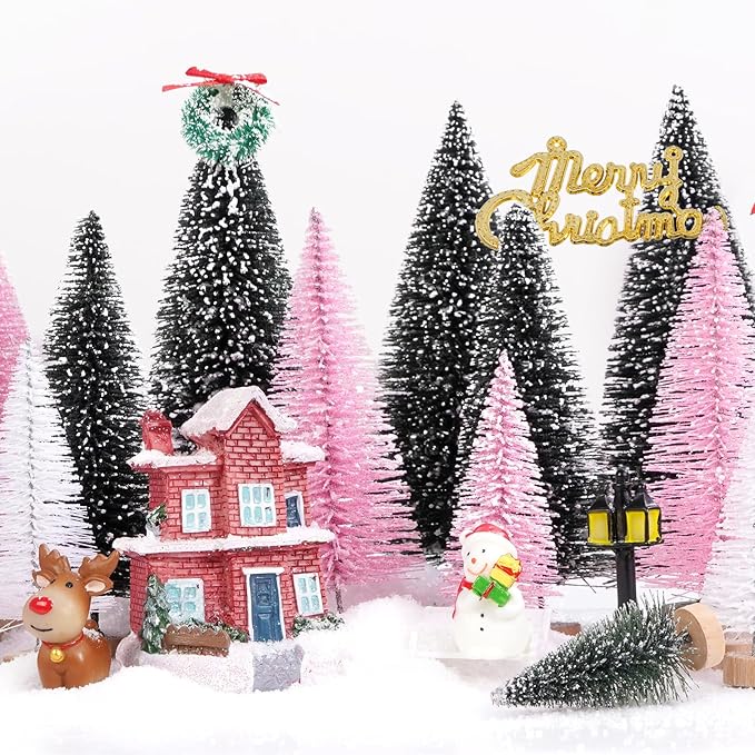 Waipfaru Pink Christmas Decorations, 30 Pcs Mini Bottle Brush Christmas Trees, Miniature Small Pine Trees for Xmas Tabletop Crafts Indoor Table Home Decor (Pink & White)