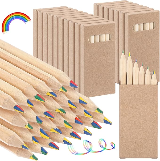 Ctosree 24 Packs 4 in 1 Rainbow Pencils 3.5 Inch Mini Colored Pencils Bulk in Kraft Boxes Valentine's Day Gift for Kids Classroom 100th Day of School Drawing Birthday Party Favor, 6 Per Pack