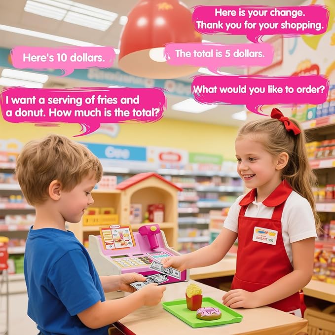 Wee Wonders Wooden Cash Register for Kids with Real Calculator, Rechargeable Cash Register Toy with Scanner/Play Money/Food/Credit Card/Menu, Pretend Play Toys Gifts for Boys Girls Ages 3-8,Color