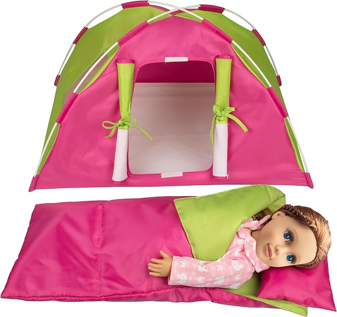 Doll Camping Bed Tent w Sleeping Bag & Pillow - Premium Handmade Furniture Accessories for 18" Dolls - Large Sized -23"x 15"x14"