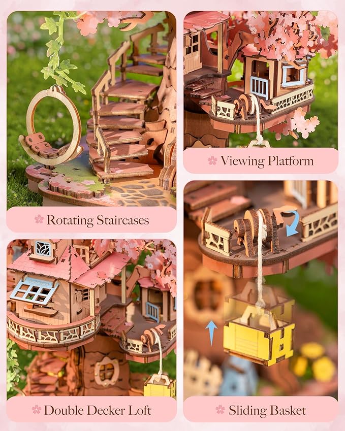 Rolife DIY Miniature House Kits Sakura Tree House 12" 3D Wooden Puzzles for Adults, Japanese Cherry Blossom Model Building Kit, Bonsai Craft Home Decor Gifts for Adults Family