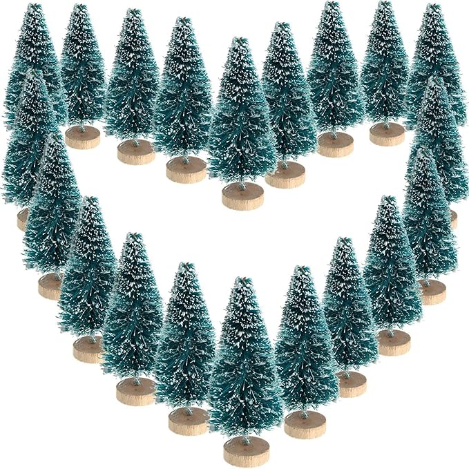 24 Mini Bottle Brush Christmas Trees with Wood Base, Artificial Plastic Mini Trees for Crafts, Winter Snow Ornaments for Christmas Table Party (Blue-Green)