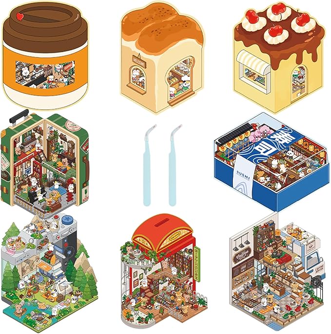 DIY 3D Sticker Scene, 8 Sets Fun DIY 3D House Stickers, Make Your Own Mini Room Scenes, Cute Cartoon 3D Miniature Scene Stickers Book, 3D Sticker Therapy for Adults Kids Relief Stress Pass The Time