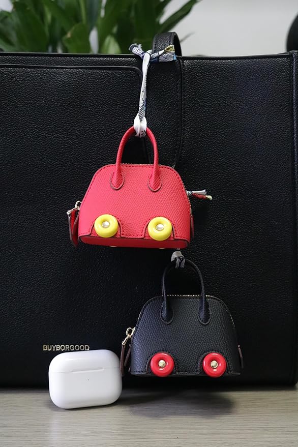 Buyborgood Women's 2 PCS Mini Tote Bag Charms Keychain Pouch Small Coin Purse Wallet, Black+Red
