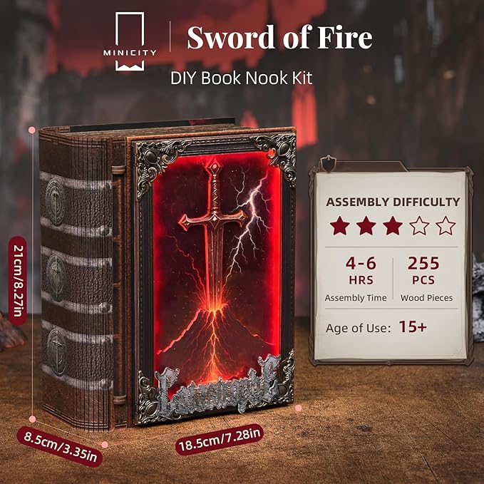 MiniCity Magic Book Nook Building Set with Lights, DIY Booknook Building Model Kit for Home Bookshelf Decor, Miniature House Building for Adults Teens (The Sword of Fire)