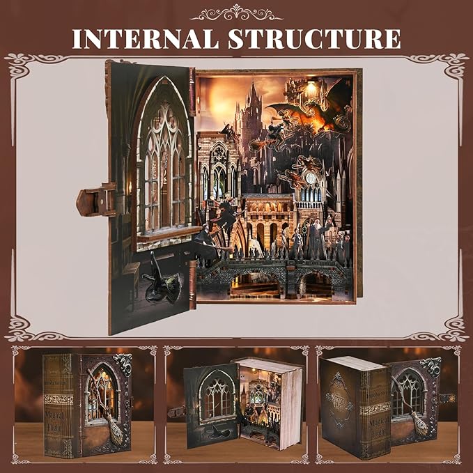 Magic Book Nook Kit - DIY Miniature House Kit for Adults Teens, 3D Wooden Puzzle, Dollhouse Booknook Tiny House Bookshelf Decor, Gifts for Family, Friends (Introduction to Magical Flight)