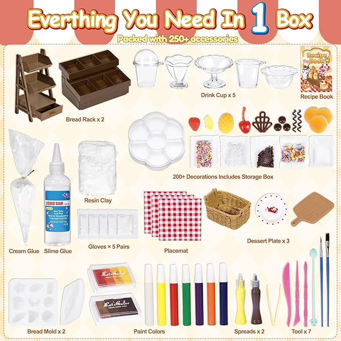 Crelloci Mini Bake Shop DIY Craft Kit, Resin Clay Café Play Set with Counter & Display Rack, Paints, Cream Glue & Molds, Realistic Pretend Bread, Cakes & Drinks, Creative Mini Food Toy for Kids 6+