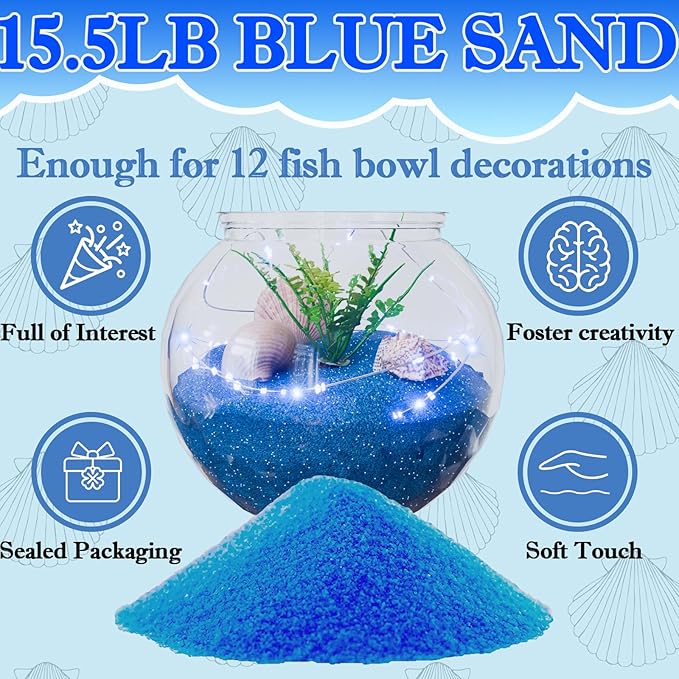 12 Set 30 oz Plastic Fish Bowl for Centerpieces Beach Sea Nautical Party Decorations, Plastic Fish Bowls with Blue Lights, Fake Sea Grass and Blue Sand(with Sand)