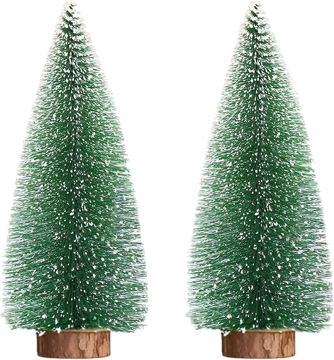 2pcs 12inch Mini Christmas Tree Bottle Brush Trees Chrismas Village Trees Ornaments Mini Plastic Christmas Trees with Wooden Base for Christmas Decoration Miniature Chrismas Tree
