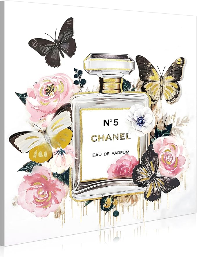 Dream Land Perfume Bottle Canvas Wall Art: Fashion Glam Flower Picture 12x12 Gold Foils Butterfly Prints