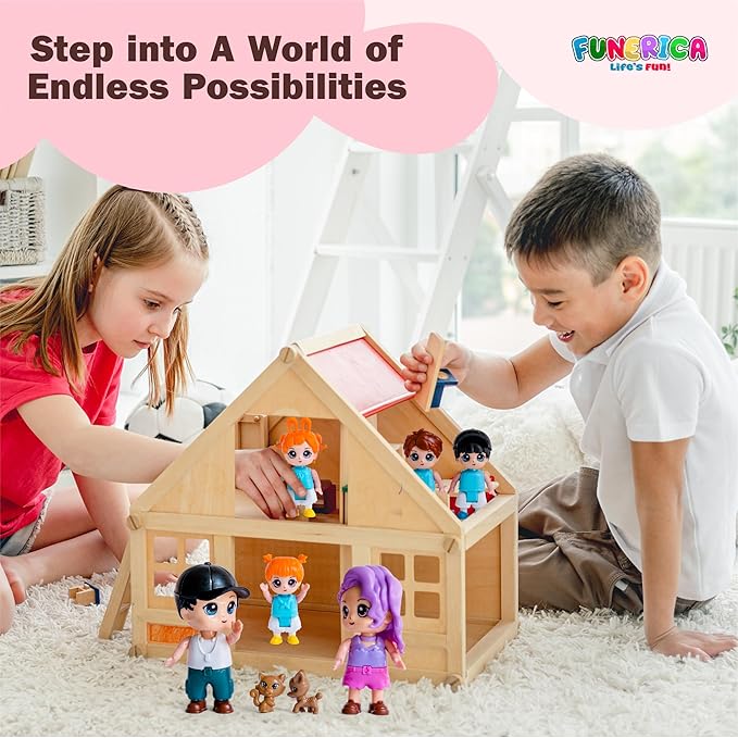 FUNERICA Dollhouse Family Figures & Pets – Bendable Play Dolls for Imaginative Fun & Doll House Play – Little People Family Set with Miniature Accessories – Made of Quality Plastic
