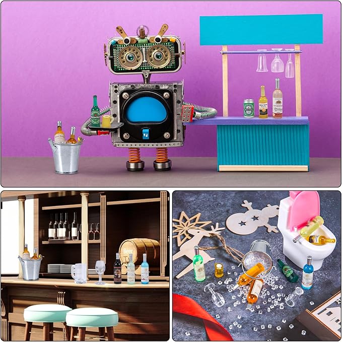 71 Pcs Miniature Ice Cubes Beer Bottles and Mini Drink Soda Pop Cans House Accessories for Fairy Garden Pub Bar Cake Decoration 1/12 Doll House Barrel Pretend Play DIY Party Toys Red Wine