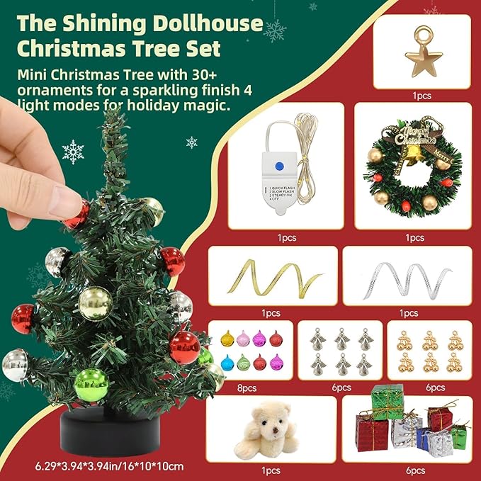 iLAND Dollhouse Accessories Mini Christmas Tree with Lights 6 inch Dollhouse Christmas Decorations CuteTiny Xmas Tree Miniature Decor 1/12 Scale Accessories Shining Small Gifts