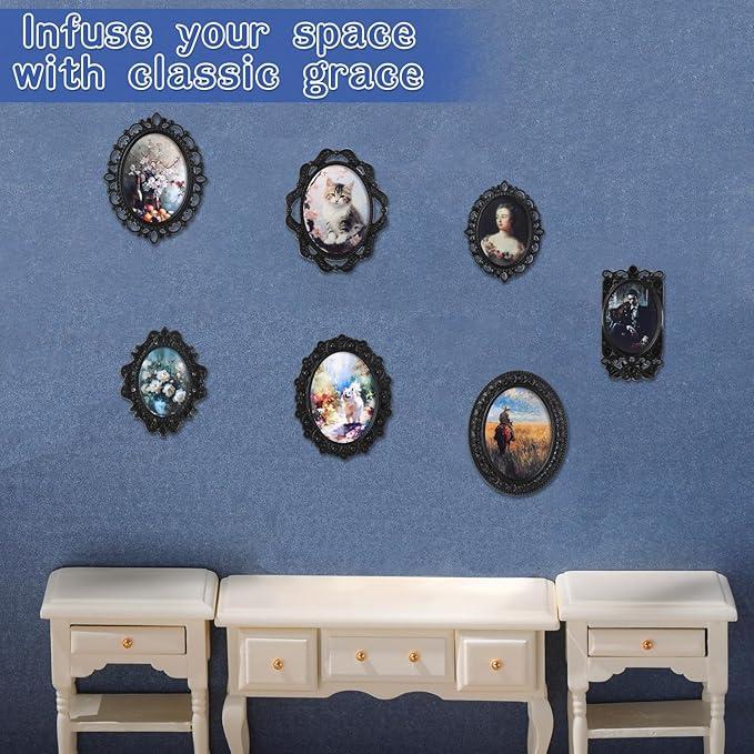 Halloscume 7 Pcs Miniature Dollhouse Accessories Picture Frames 1: 12 Scale Dollhouse Furniture Small Wood Photo Frames Mini House Decoration for Printed Paintings House DIY Art Craft(Black)