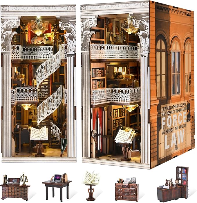 MiniCity Book Nook Kit, DIY Dollhouse Booknook, Book Nook Miniature Kit for Bookshelf Insert Decor Crafts for Adults Teen Halloween, 3D Wooden Puzzle with Led Light (Law Library)