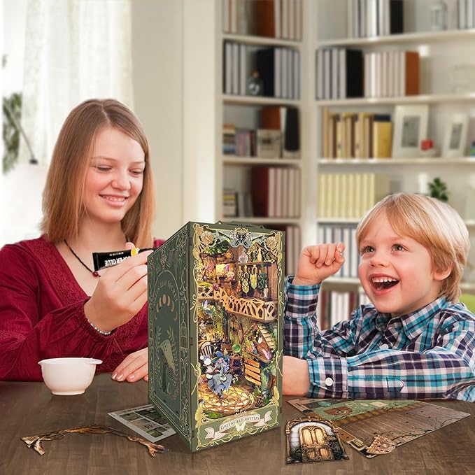 LED Book Nooks DIY Miniature Dollhouse Kit 3D Puzzle Wooden Bookends Toy for Teenagers Gift Model Kits Room Decoration - Garden Book Nook - Book Nook Kits for Adults (Green Fairyland)