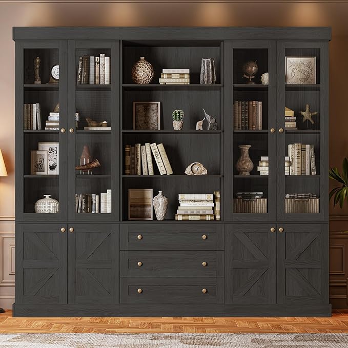 71" Tall Farmhouse Kitchen Pantry, Large Storage Cabinet with Glass Doors, Adjustable Shelves, 3 Drawer, Wood Versatile Hutch Cabinet for Dining Room, Living Room, Black 3 Pcs