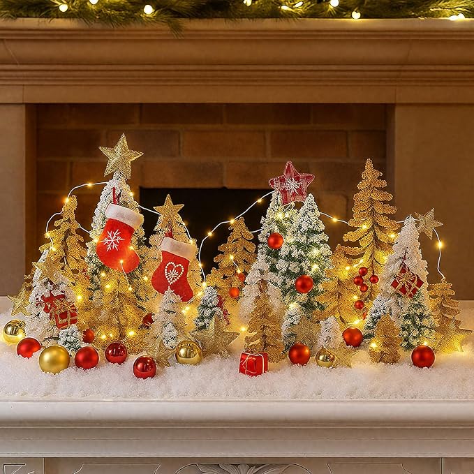 Skylety 35 Pieces Model Trees 1.2-6.3 Inch Mixed Miniature Trees Diorama Supplies Fake Plants Train Scenery Landscape Christmas Village Architecture DIY Crafts(Dark Green, Gold, White,Snowy Cedar)